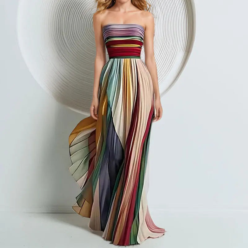 Pleated Printed Long Dress