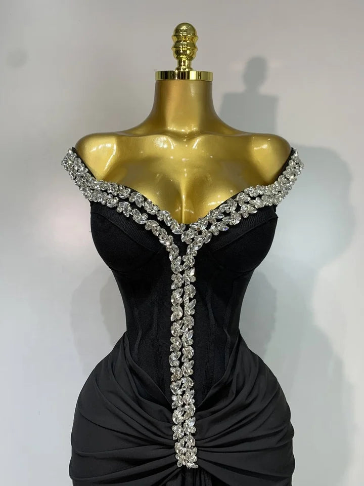 Off Shoulder Shining Diamond Bandage Bodycon Long Dress