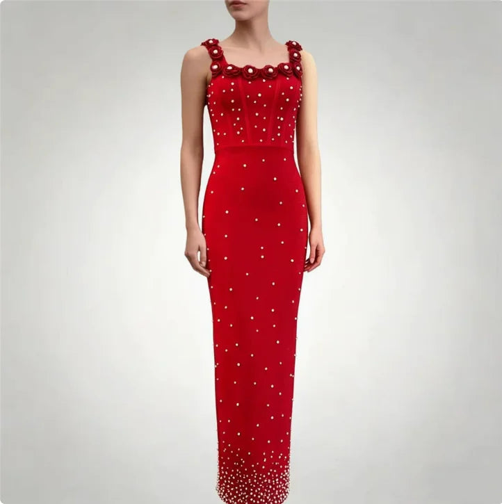 Pearls Embellished  Party Gown Fashion Square Collar Backless  Evening Dress