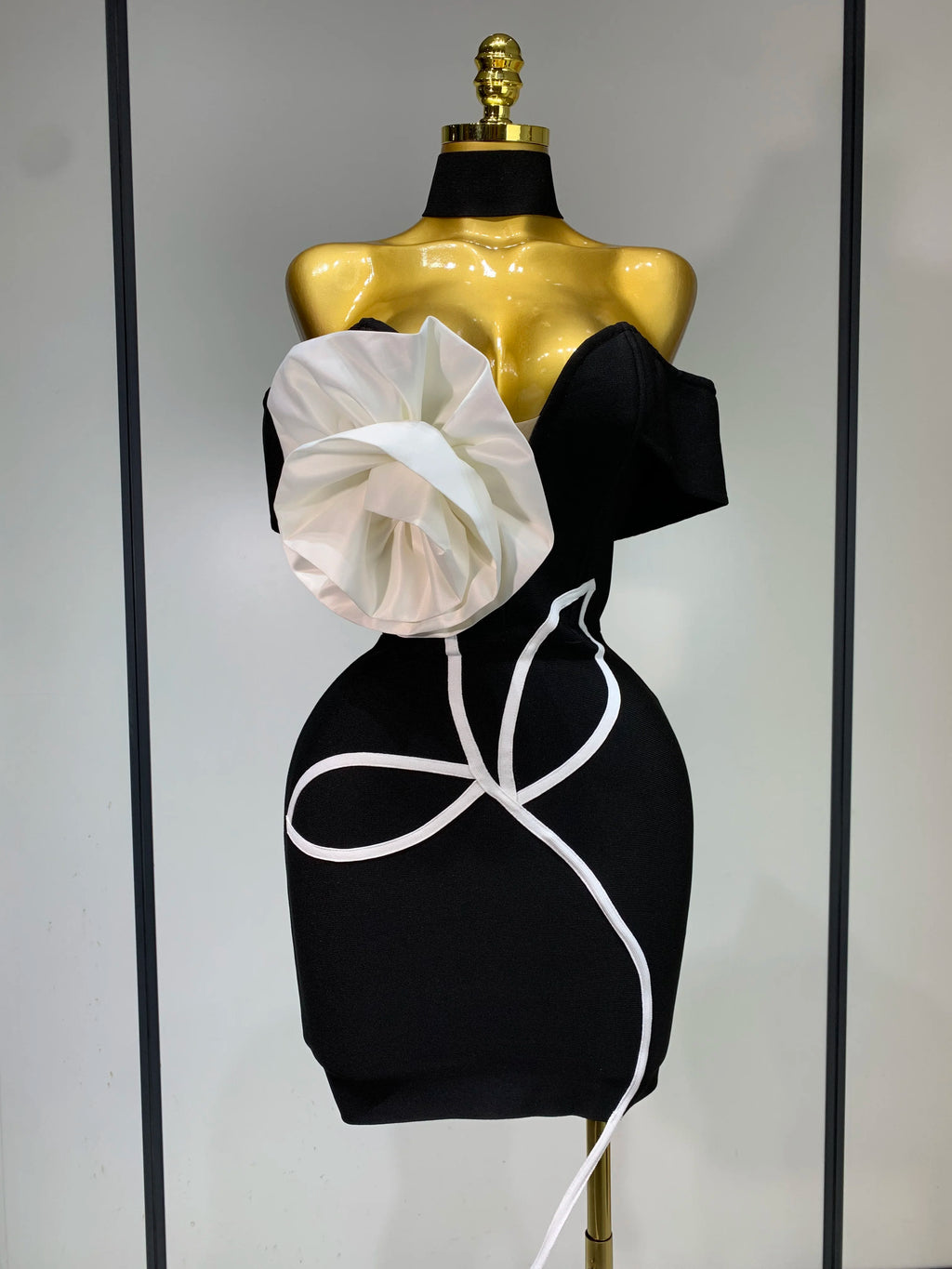 Sexy Off Shoulder White Flower Black Mini Dress