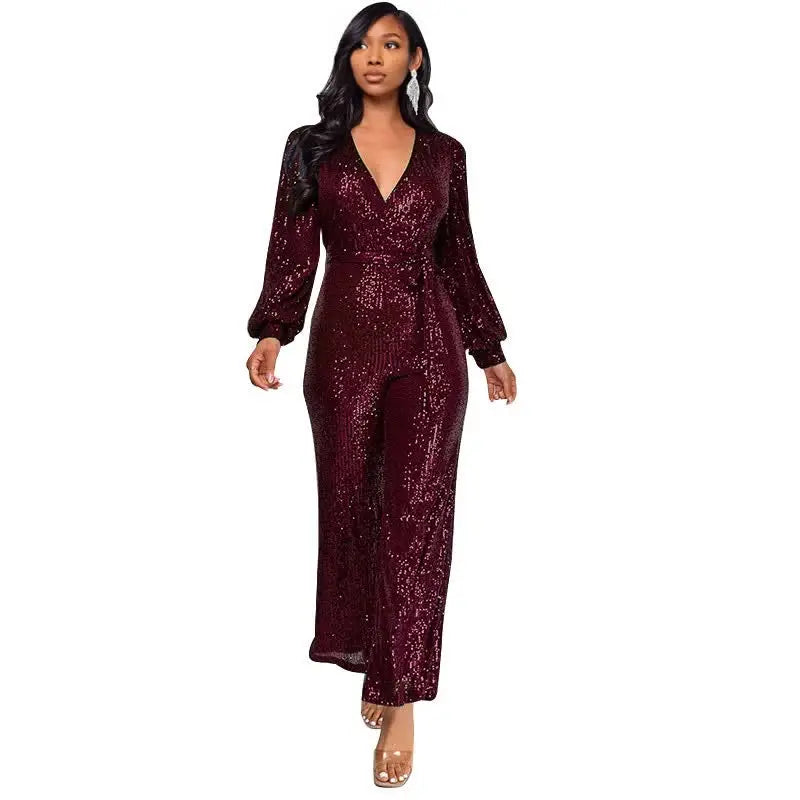 Women's Sequin Wrap V Neck Jumpsuit