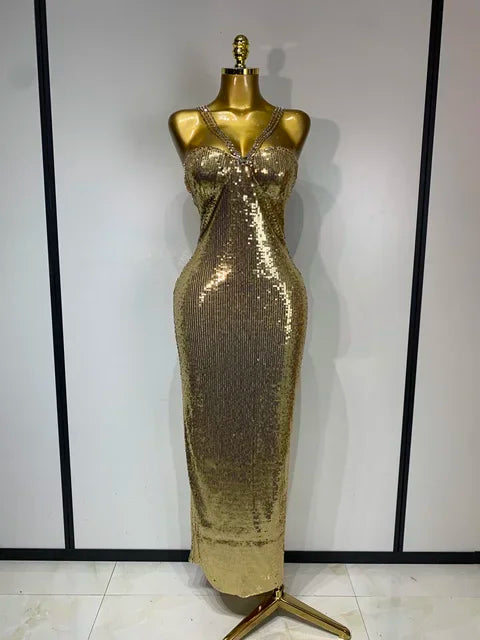 Backless Silver Gold Glitter Sequins Maxi Long Dress Sexy