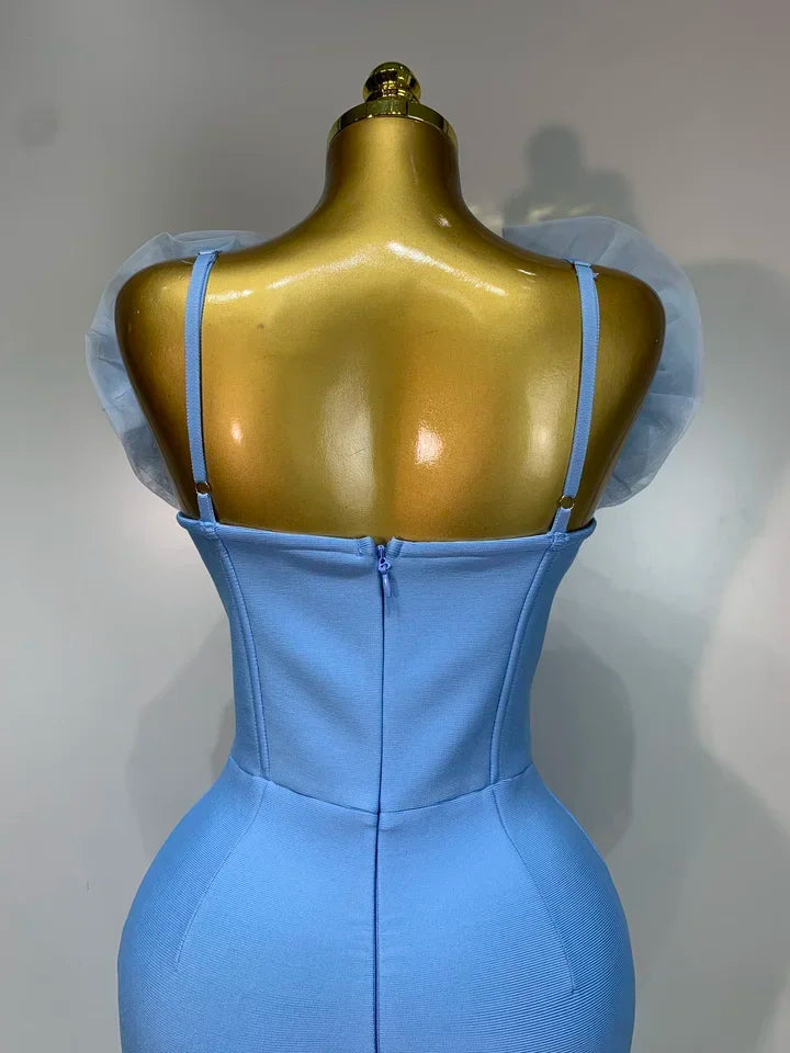 Sky Blue Floral Bodycon Long Bandage Dress