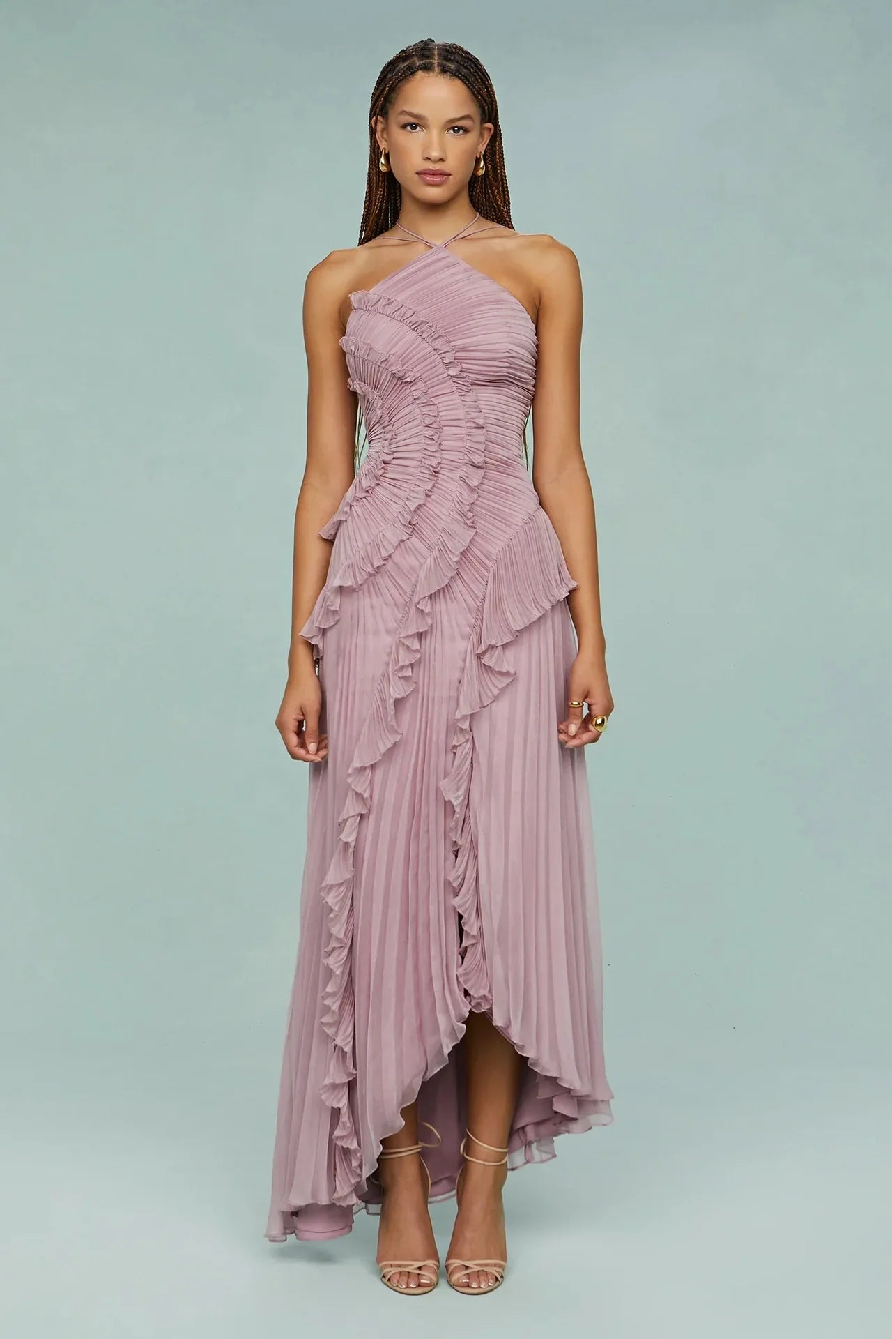 Ruffled Slim Halter Elegant Long Dress