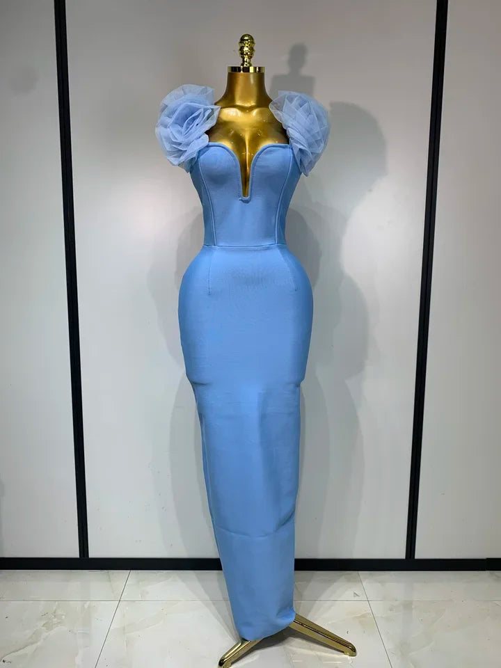 Sky Blue Floral Bodycon Long Bandage Dress