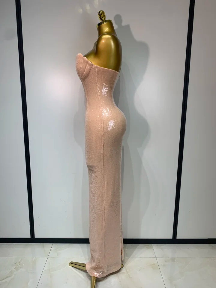 Women Strapless Sequin Bodycon Long Dress