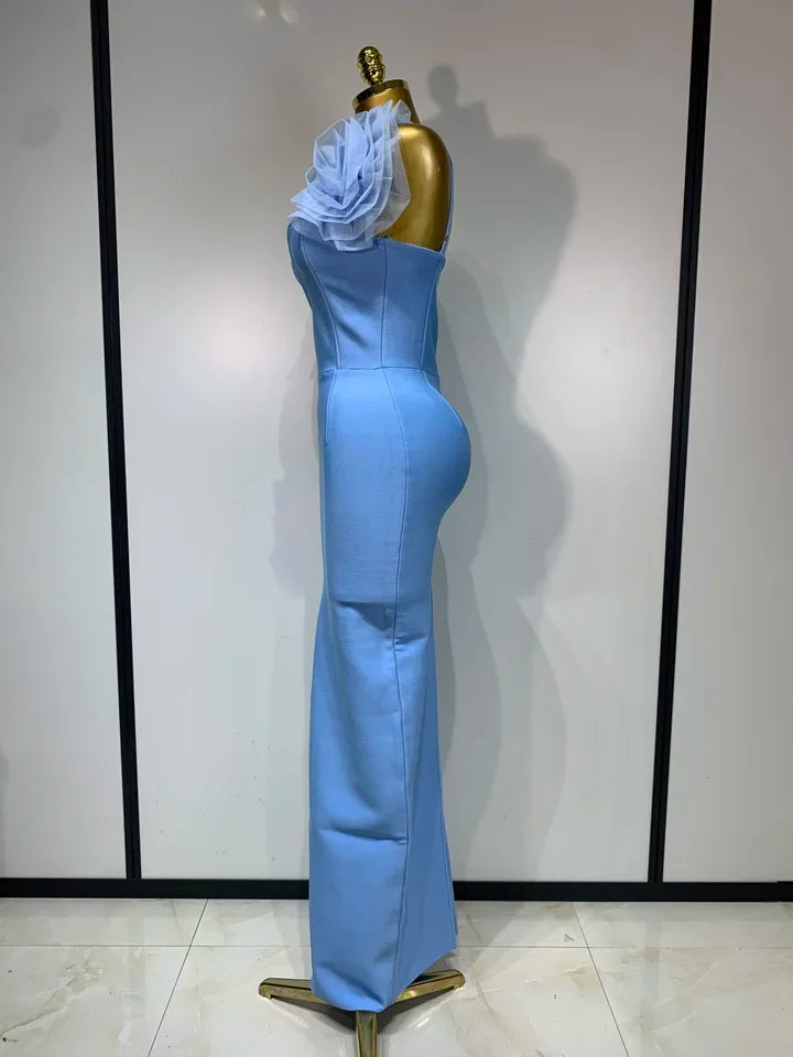 Sky Blue Floral Bodycon Long Bandage Dress