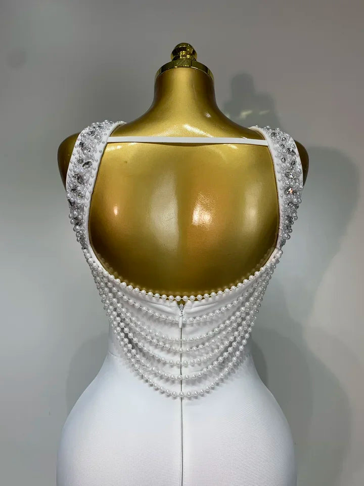Backless Sleeveless Diamonds Pearl Bandage Dress