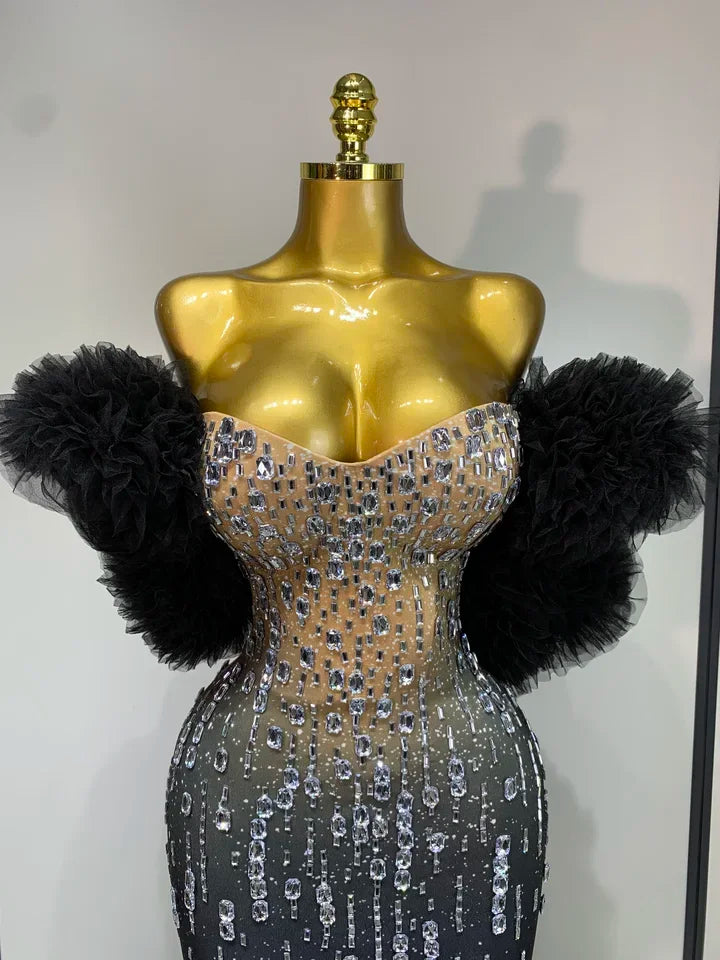 Off Shoulder Sparkly Rhinestone Maxi Long Dress