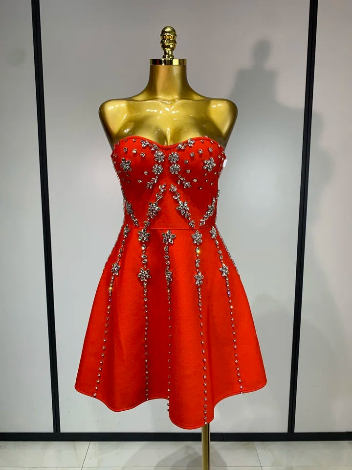 Strapless Sparkly Diamond A Line Bandage High Waist Dress