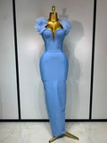Sky Blue Floral Bodycon Long Bandage Dress