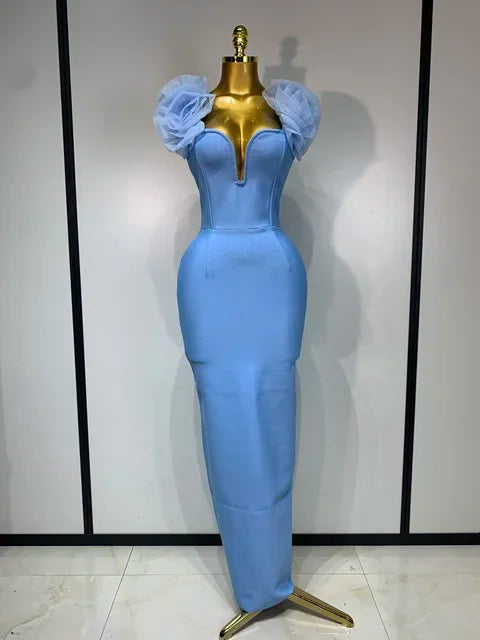 Sky Blue Floral Bodycon Long Bandage Dress