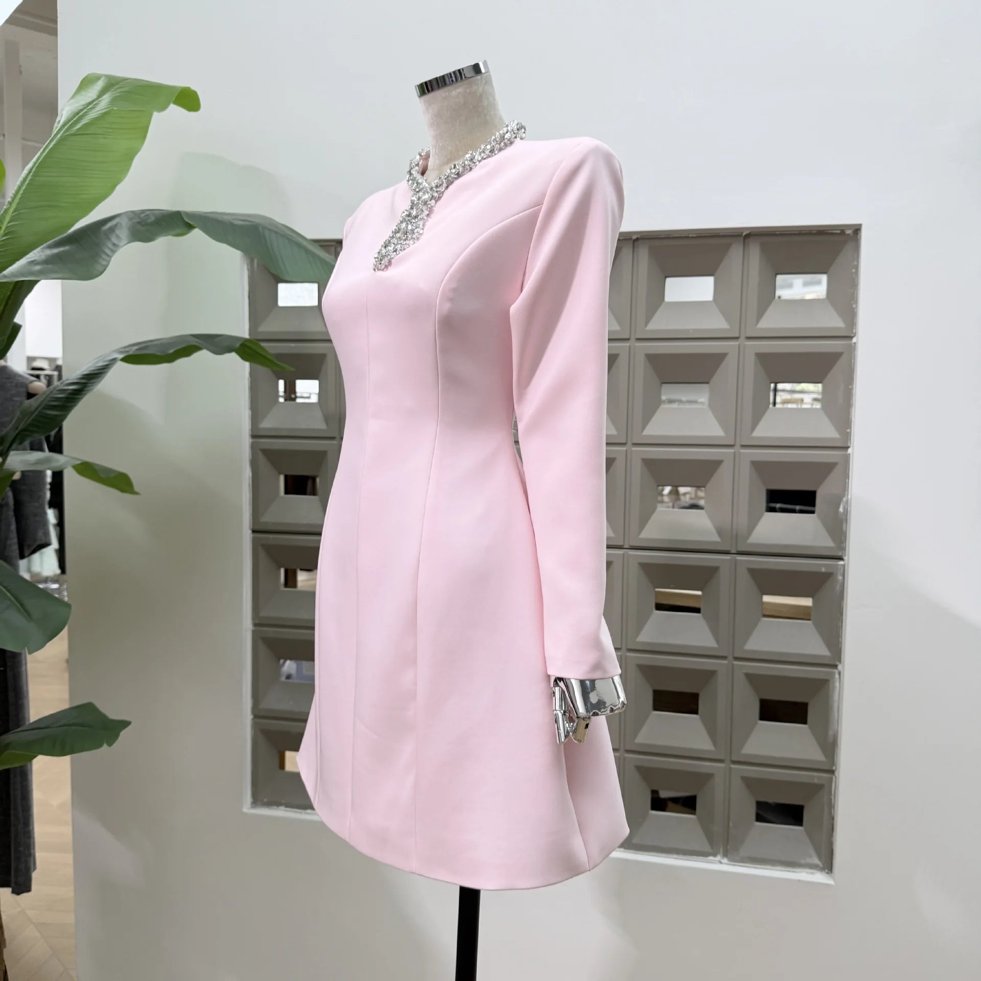 Diamond Square Neck Long Sleeve Slim Fit Dress