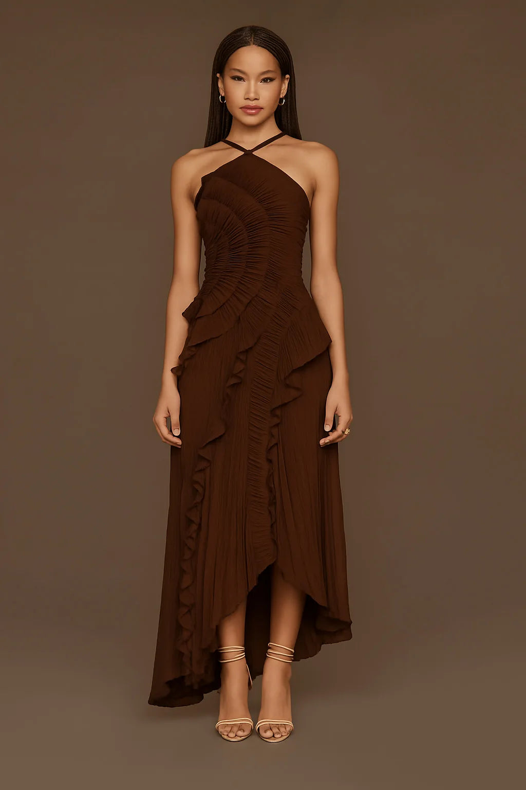 Ruffled Slim Halter Elegant Long Dress