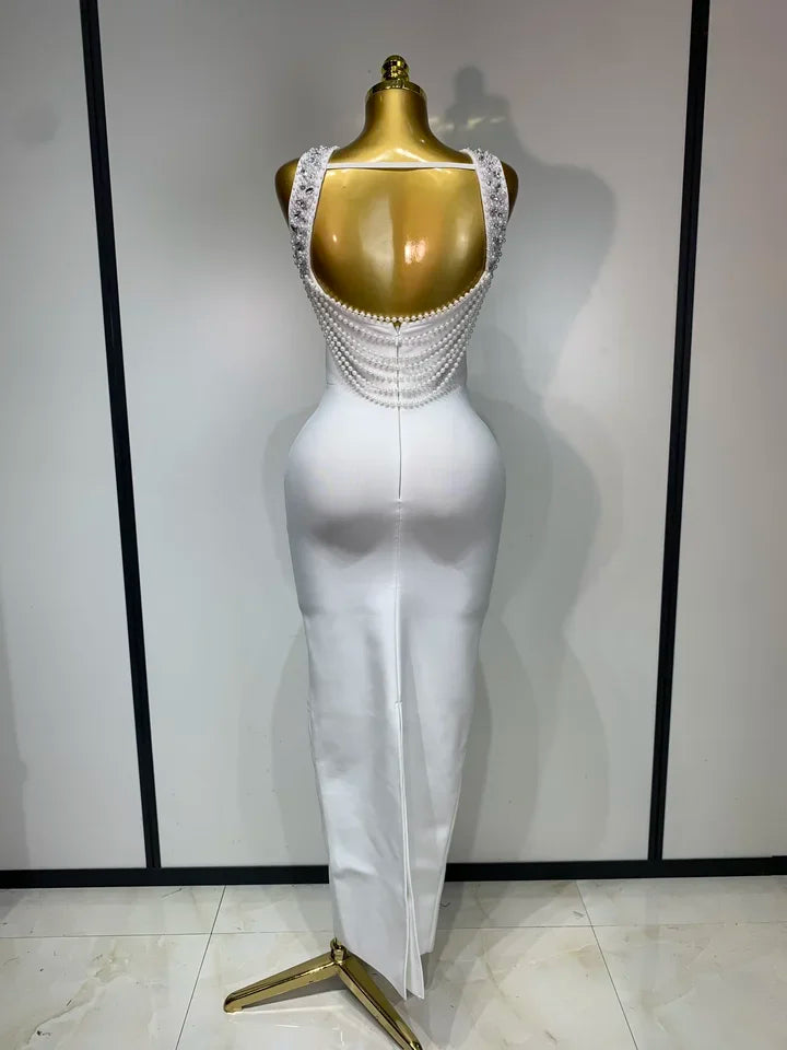 Backless Sleeveless Diamonds Pearl Bandage Dress