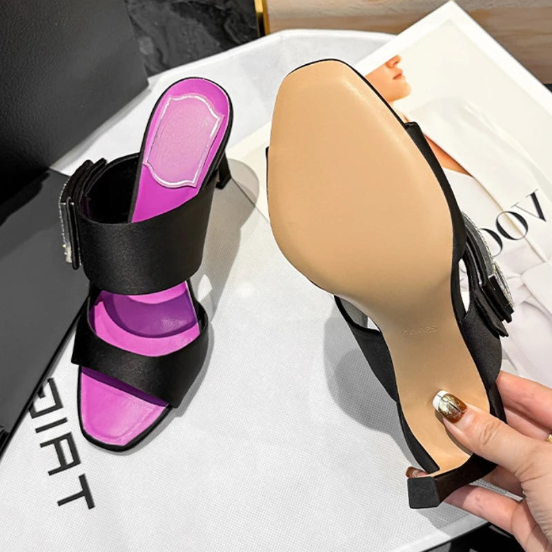 Rhinestone Buckle Slip on Satin High Heel