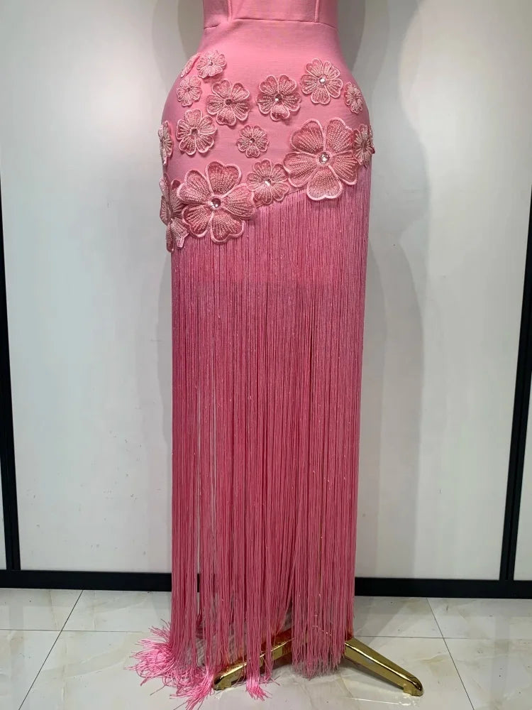 Pink Floral Tassel Bandage Bodycon Dress