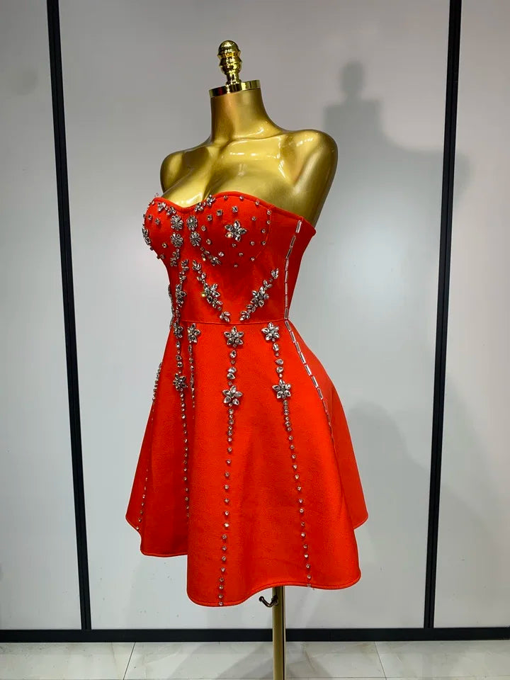 Strapless Sparkly Diamond A Line Bandage High Waist Dress