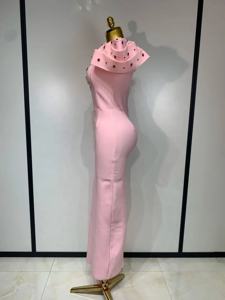 Ruffle Sleeve Beading Bandage Bodycon Long Dress