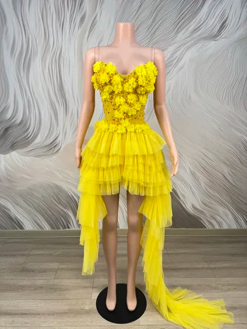 Strapless Flowers Pearl Mesh Asymmetric Bodysuit Dress