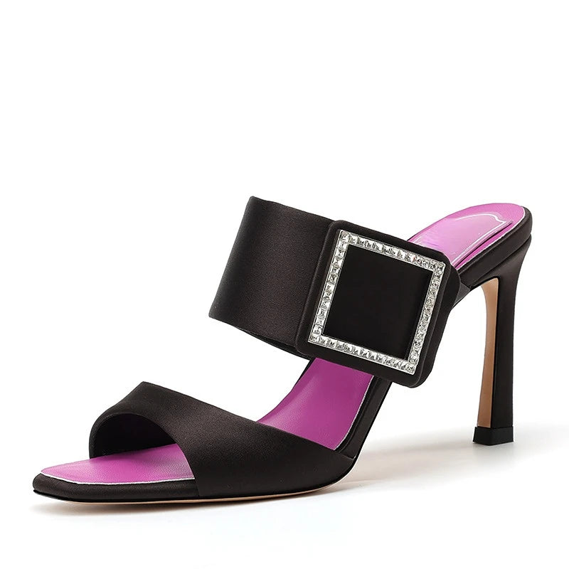 Rhinestone Buckle Slip on Satin High Heel