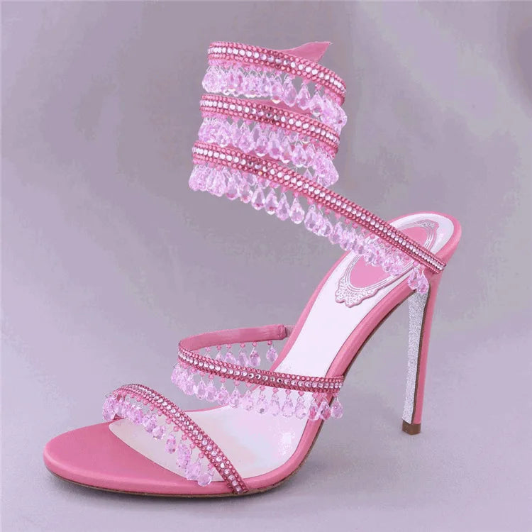 Open Toe Ankle Wrap Stiletto Spiral Heels