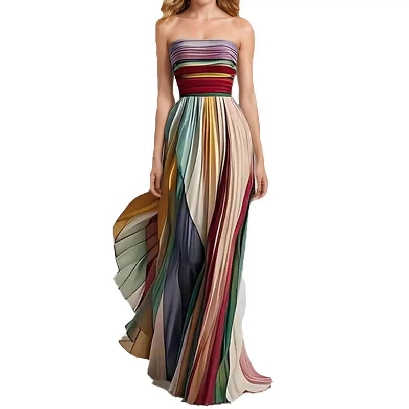 Pleated Printed Long Dress