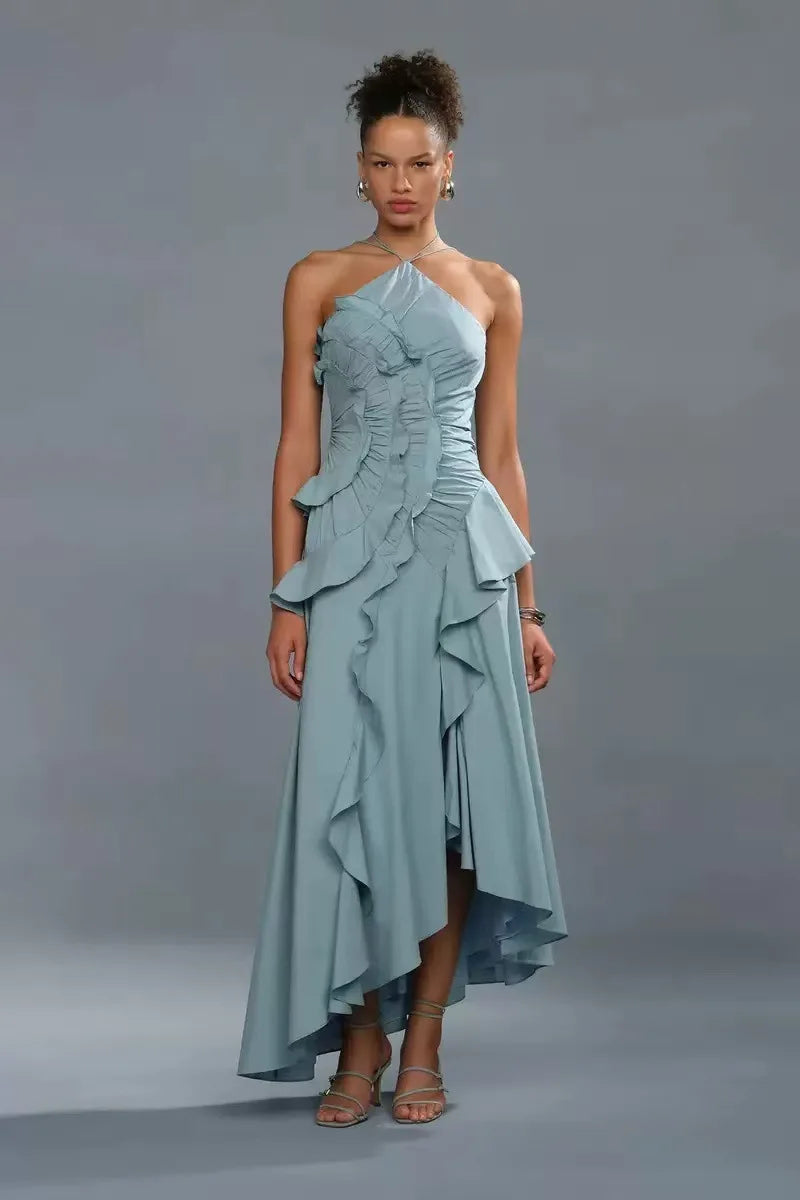 Ruffled Slim Halter Elegant Long Dress