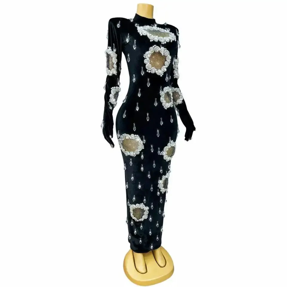 Twinkling Crystals Pendant Trim Fit Velvet Dress