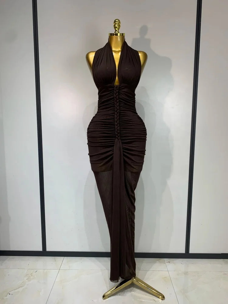 Brown Halter Backless Ruched Long Dress