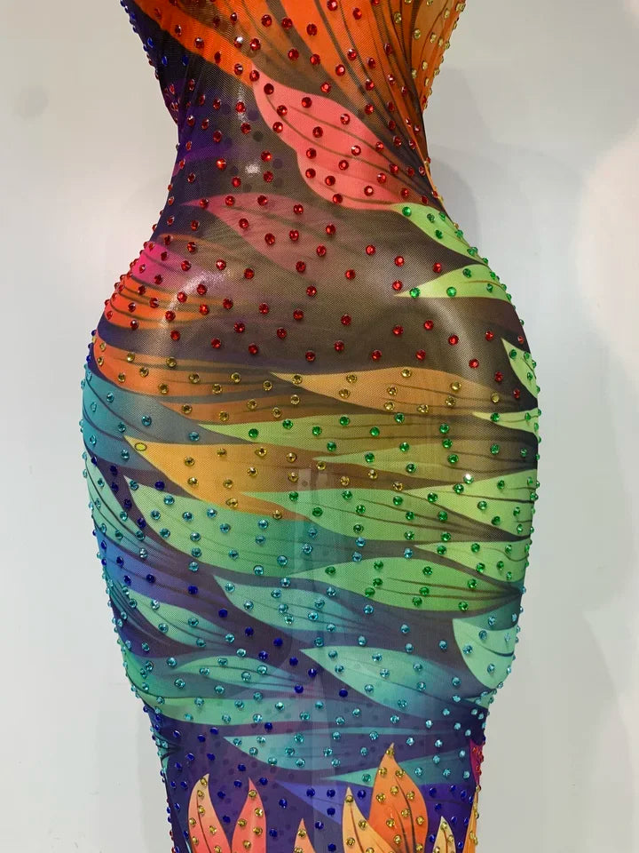 Halter V Neck Backless Sparkly Rhinestones Mesh Dress