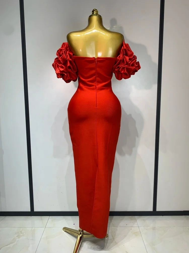 Off Shoulder Red Pearls Bandage Sexy Fancy  Elegant Long Dress