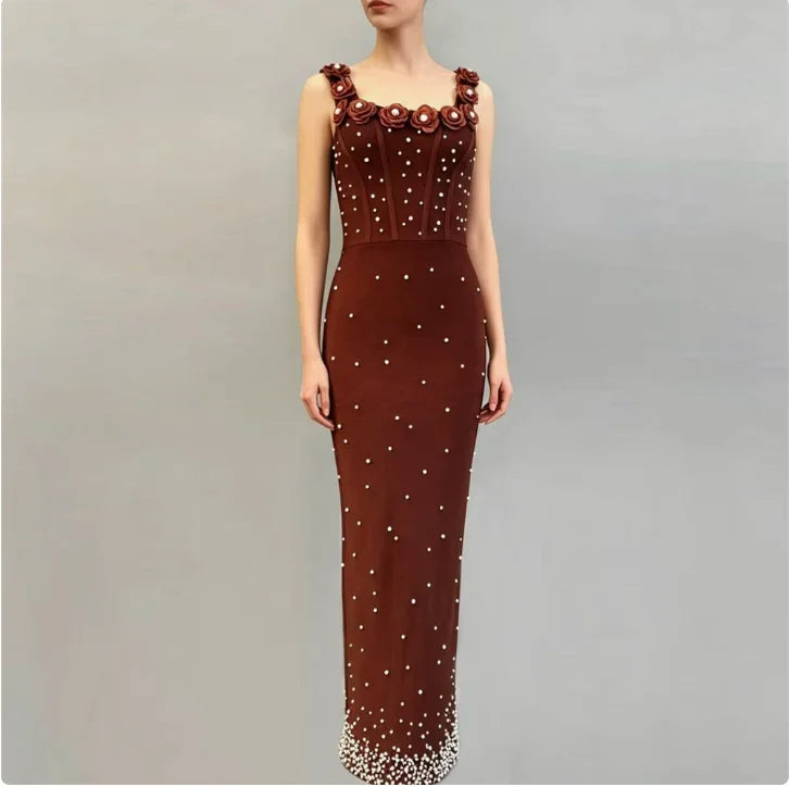 Pearls Embellished  Party Gown Fashion Square Collar Backless  Evening Dress