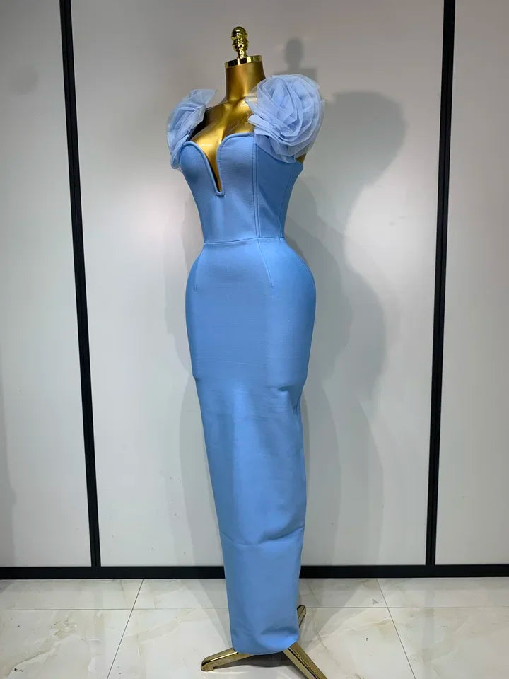 Sky Blue Floral Bodycon Long Bandage Dress