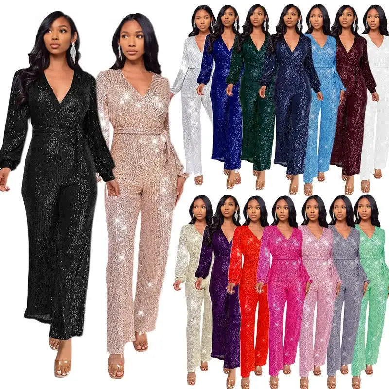 Women's Sequin Wrap V Neck Jumpsuit