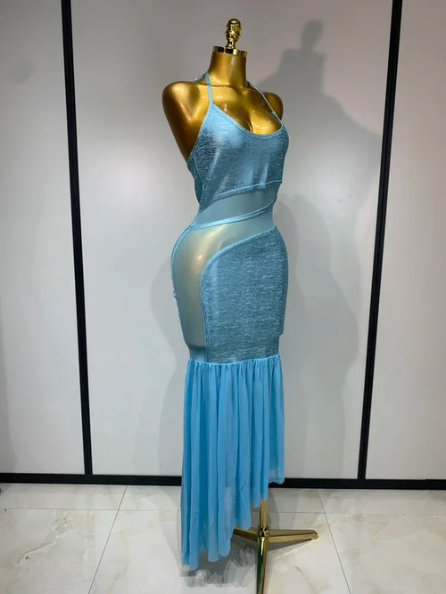 Backless Sleeveless Mesh Patchwork Dress