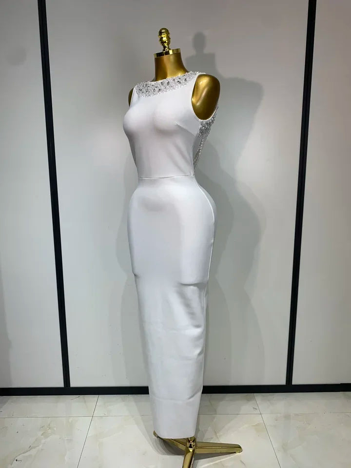Backless Sleeveless Diamonds Pearl Bandage Dress