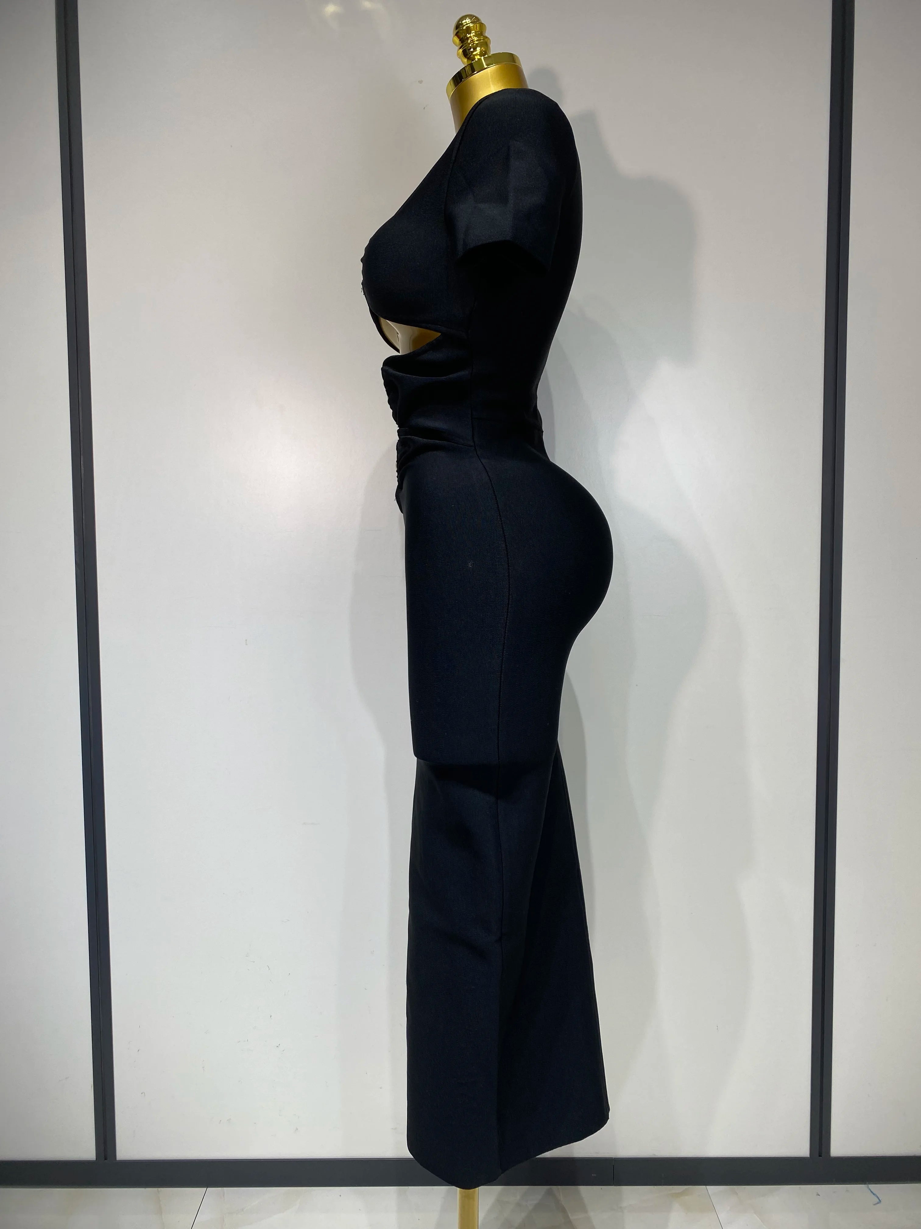 Knitted Black Cut Out Short Sleeve Evening Party Long Dress