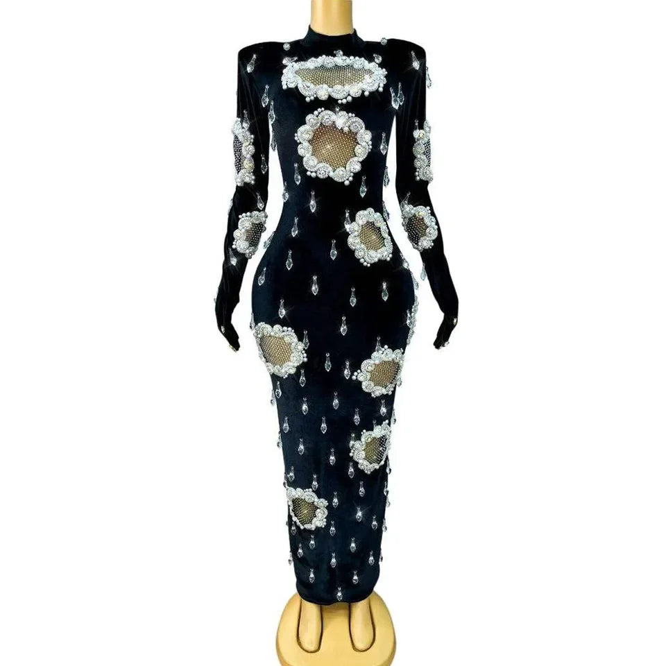Twinkling Crystals Pendant Trim Fit Velvet Dress