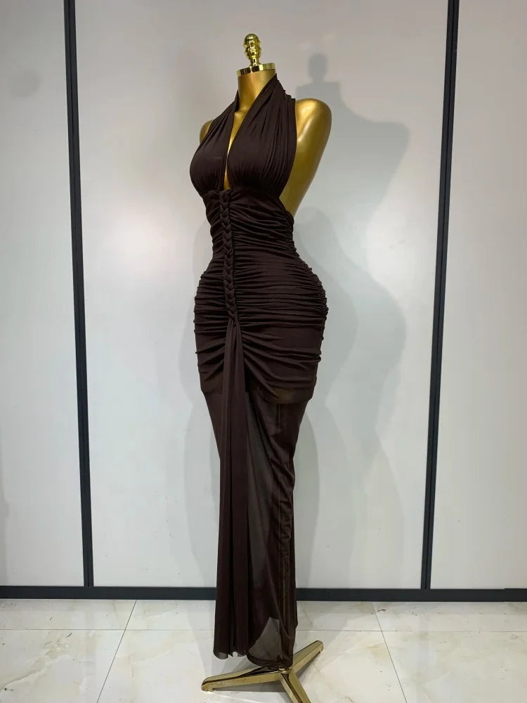 Brown Halter Backless Ruched Long Dress