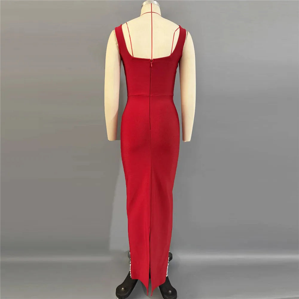 Pearls Embellished  Party Gown Fashion Square Collar Backless  Evening Dress