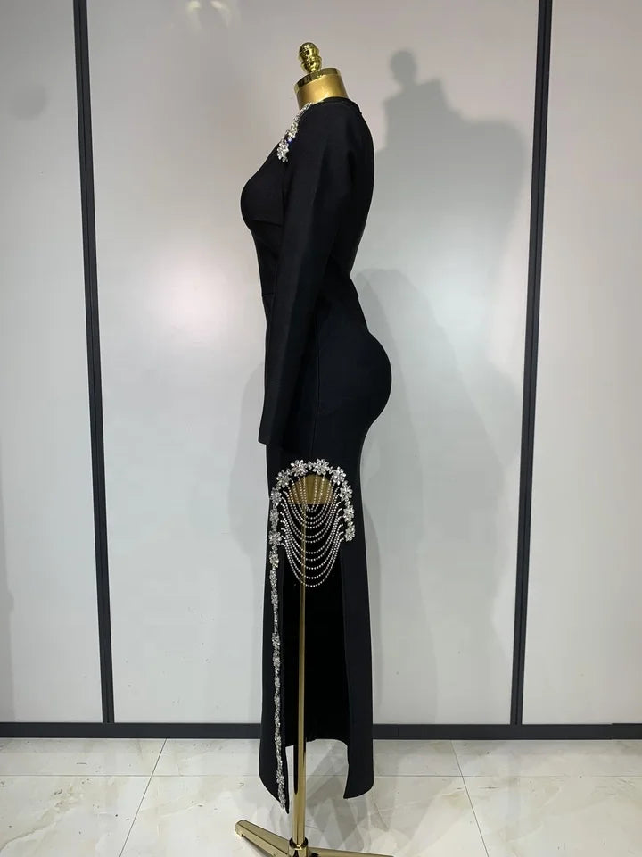 Long Sleeve Shining Crystal High Split Bodycon Long Dress