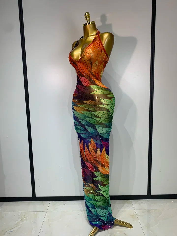 Halter V Neck Backless Sparkly Rhinestones Mesh Dress