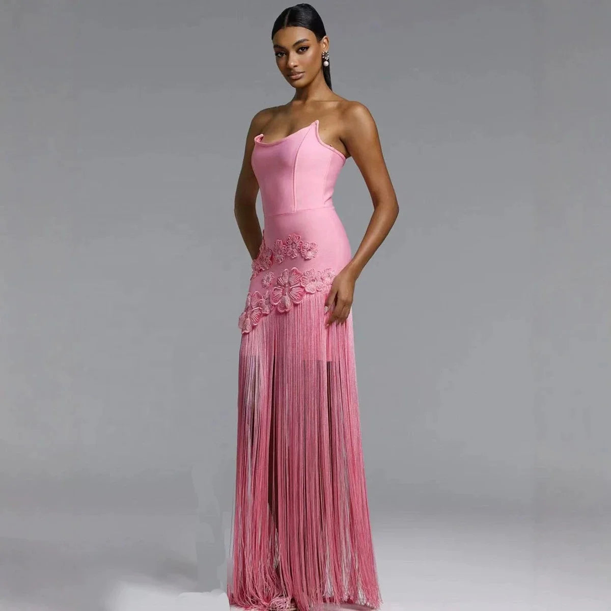 Pink Floral Tassel Bandage Bodycon Dress