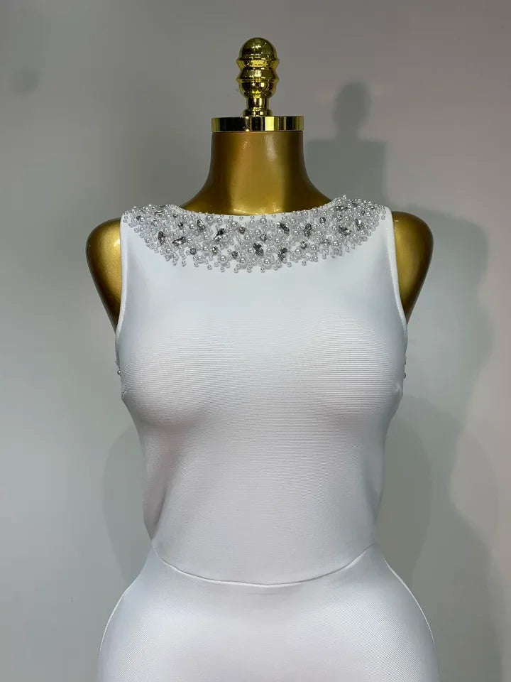 Backless Sleeveless Diamonds Pearl Bandage Dress