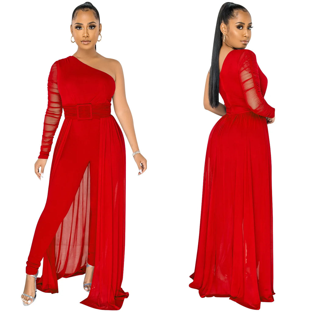 Sexy Single Shoulder Long Sleeve Party Jumpsuit