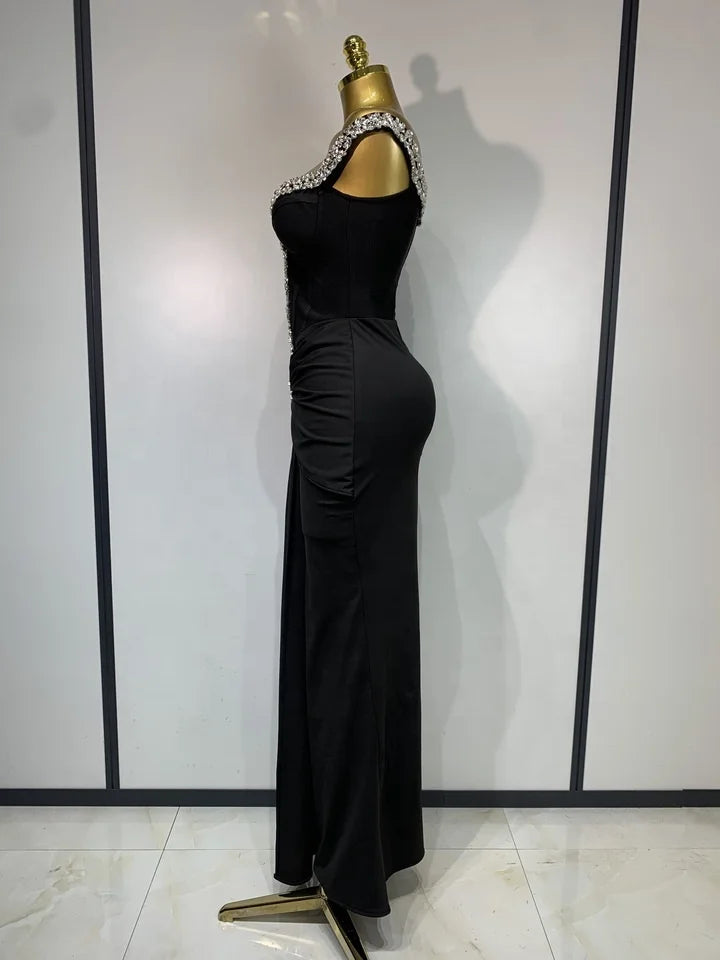 Off Shoulder Shining Diamond Bandage Bodycon Long Dress