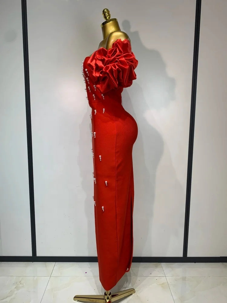 Off Shoulder Red Pearls Bandage Sexy Fancy  Elegant Long Dress