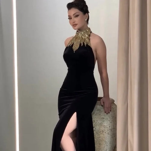 Black Gold Diamond Bandage Long Dress