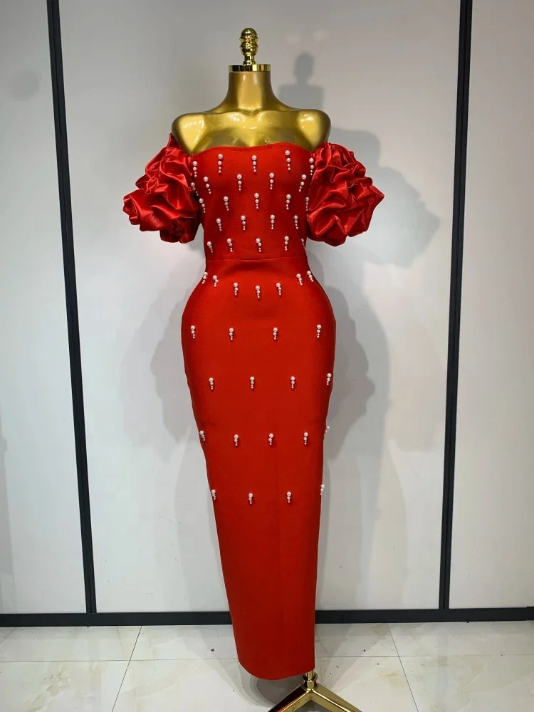 Off Shoulder Red Pearls Bandage Sexy Fancy  Elegant Long Dress